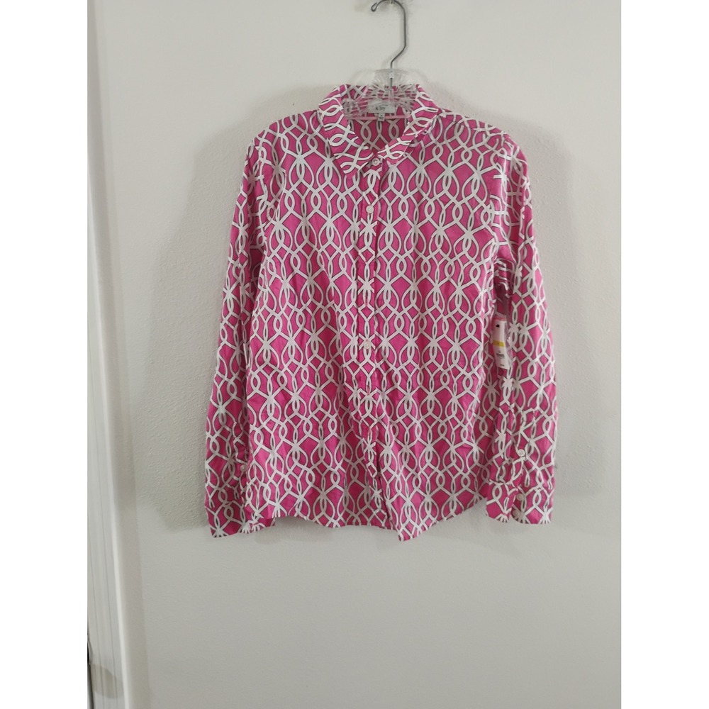 Crown & Ivy Pink White Geometric Lattice Button Down Shirt Womens Medium NWT